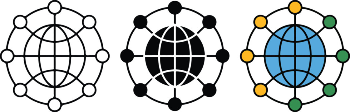 Minimalist global network icon set with globe and connected nodes in line solid and colored modern design styles
