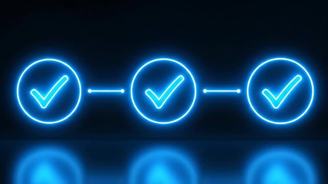 Neon blue progress bar with checkmark on dark background. Three-step progress bar with checkmark.