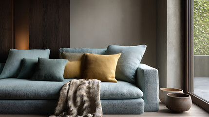 Fototapeta premium Stylish Green Mint Sofa Arrangement Modern Living Room Interior Design Inspiration Cozy Atmosphere Contemporary Viewpoint