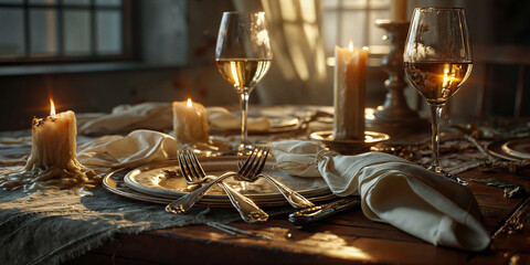 Obraz premium Cozy candlelit dinner. Enchanting dining experience with glowing candles and relaxed ambiance