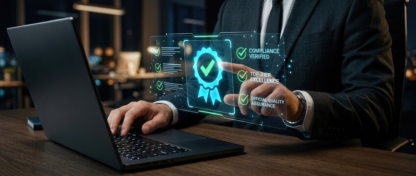 Achieving compliance certification business professional utilizing digital tools in office environment to ensure quality assurance and regulatory standards