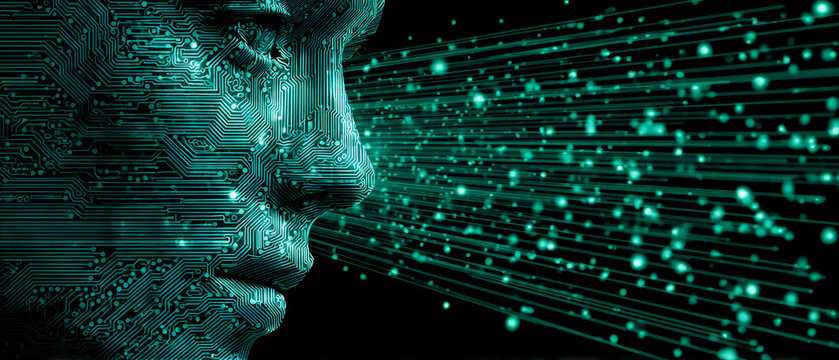 An abstract representation shows a human head with circuit board patterns and glowing rays. This visual illustrates concepts of technology and artificial intelligence