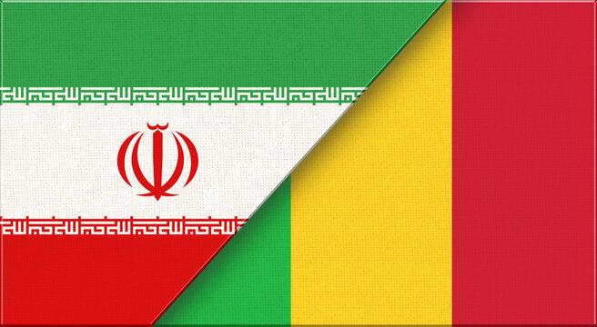 Double flag of Iran and Mali on fabric texture. Iranian and Malian flag