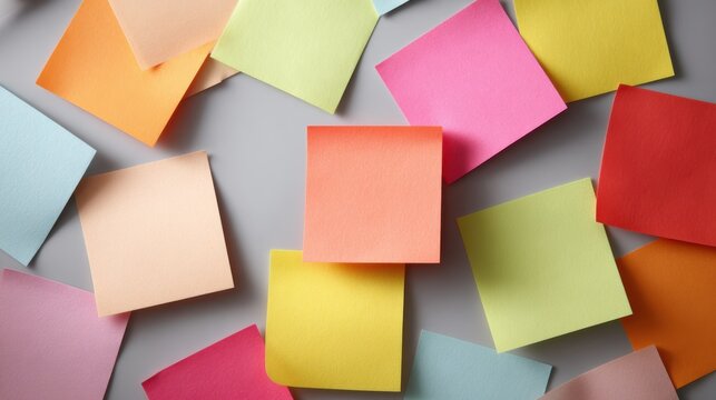 A collection of colorful sticky notes scattered on a surface, providing ample space for notes, memos, or reminders