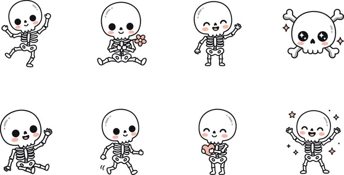 cute cartoon skeleton characters with skull and bones in different poses on transparent background