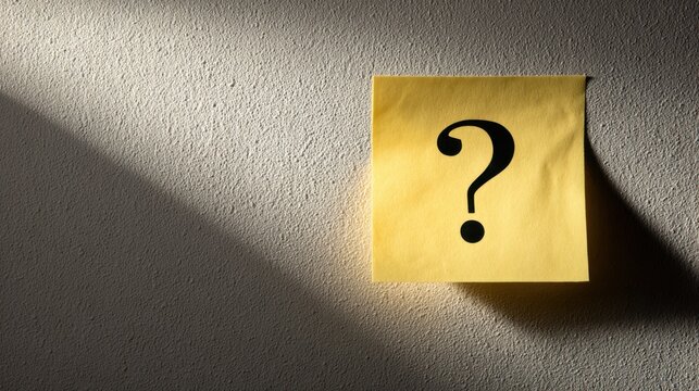 A question mark on a yellow sticky note attached to a wall, highlighted by shadows. This image is perfect for symbolizing questions, choices, or uncertainty