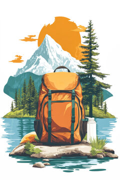 A backpack sits on a rock by a lake with mountains in the background. The sun is setting, casting orange light over the trees and water