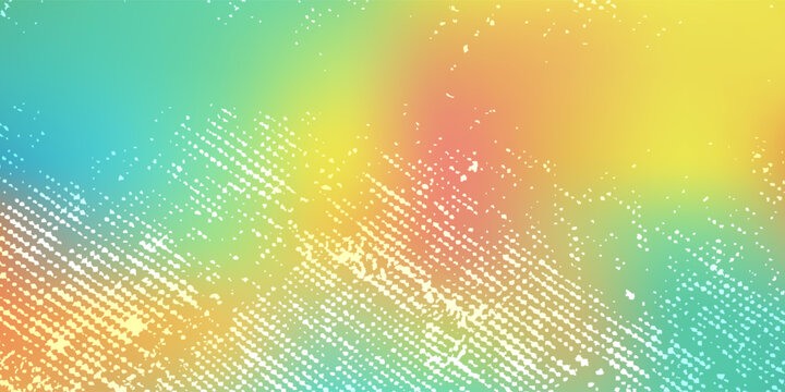 Energetic abstract background featuring a creative multi-colored gradient field in teal blue, yellow, and coral pink with a heavy distressed dot and grid texture.