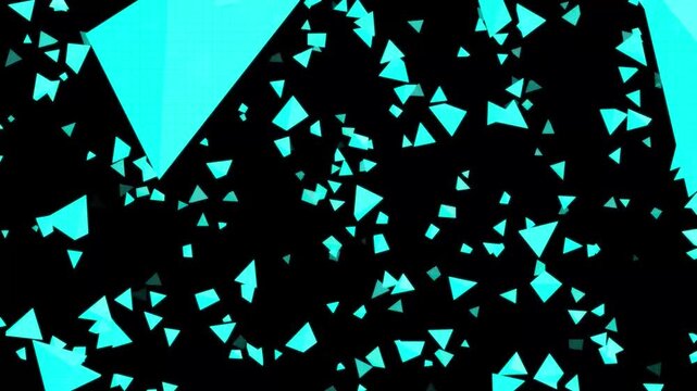 Abstract geometric shapes float in deep black space. Vibrant teal triangles drift and swirl across the dark background. Bright grid emerges