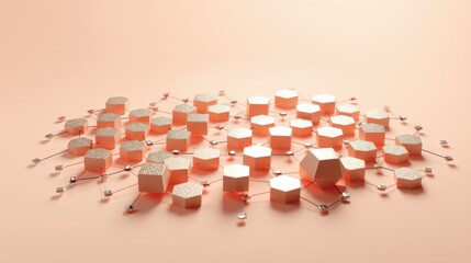 Obraz premium Hexagonal blocks connected forming network. Soft lighting, pastel colors, minimalist design. Abstract representation, data visualization concept.