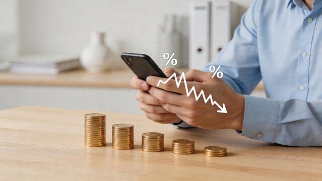 Businessman holding smartphone looking at declining investment chart with stacks of gold coins decreasing in size on wooden desk surface representing financial loss and economic