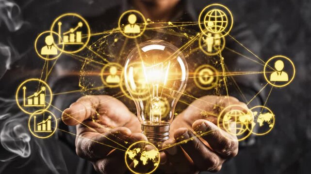 Hands holding glowing light bulb with icons symbolizing digital transformation and future innovation