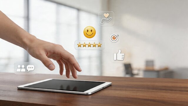 Business man woman or person using digital tablet checking online reviews rating star ranking system customer feedback service satisfaction quality assessment survey technology