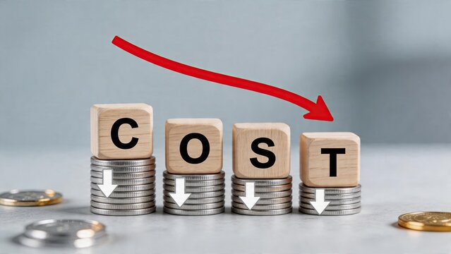 Business finance concept showing wooden blocks spelling cost placed on stacks of coins with red arrow pointing down white arrows indicating decrease isolated on gray surface