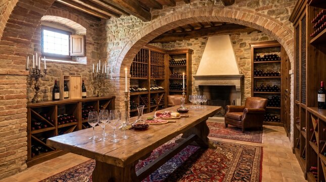 Cozy wine tasting room with rustic brick interior