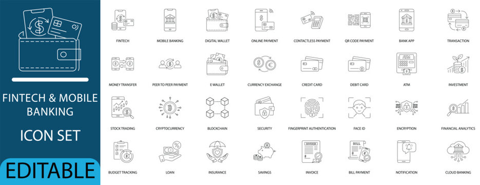 Fintech and mobile banking icon set with editable stroke. Linear symbols for digital wallet, cryptocurrency, online payment, stock trading, and financial security. Vector outline.