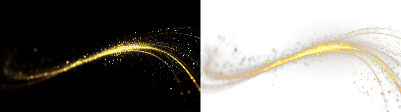 Swirls of golden light move across isolated on transparent and black background, in a soft pattern, creating a feeling of lightness and flow in the design, light overlay, PNG