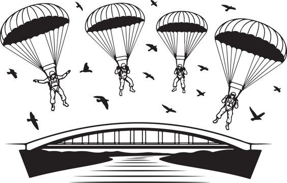 Parachuters, bridge, black and white vector illustration, adventure sports graphics, skydiving icons