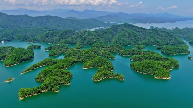 High Top Drone View of Thousand Island Lake at Hangzhou Zhejiang China