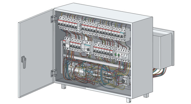 Complex industrial electrical control cabinet opened to reveal a dense network of circuit breakers, fuses, and a chaotic arrangement of multi-colored wires.