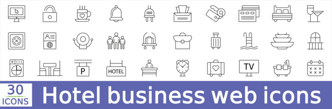  Hotel business web icons set Vector illustration in modern thin line style hotel services related icons room collection. Simple vector illustration