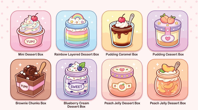 Collection of eight adorable, kawaii-style dessert boxes featuring various sweet treats like mini desserts, rainbow layered desserts, puddings, brownies, blueberry cream, and peach jelly.