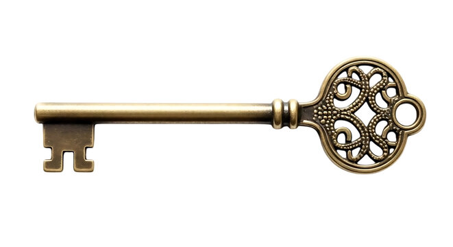 Vintage antique skeleton key with ornate filigree design isolated on transparent background