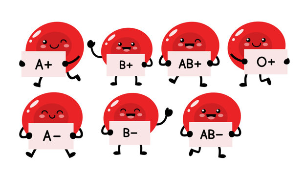 Cute Blood Type Illustration Set, Kawaii Red Blood Cell Characters A Plus B Plus AB Plus O Plus A Minus B Minus AB Minus Medical Collection
