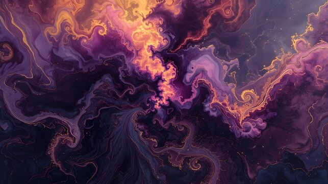 Abstract cosmic chaos with colliding purple and gold energy, dramatic fluid art, 3D rendering