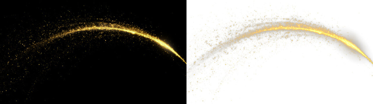 Golden sparkles create a curved line isolated on transparent and black background, during a celebration or festive moment with no specific time mentioned, light overlay, PNG