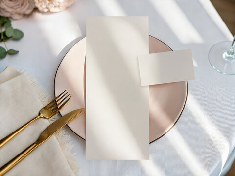 Aesthetic wedding table mockup with blank 4x9 vertical menu and name card. Festive display with gold cutlery, pink ceramic and aesthetic shadows. Elegant stationery template for romantic event