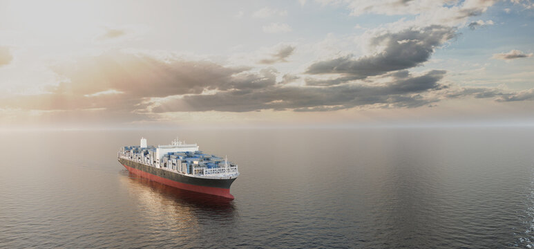 Container cargo ship on ocean at sunset with dramatic sky, global logistics and shipping