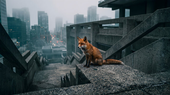 Fox in Concrete: A red fox sitting on a "Brutalist" concrete staircase in a modern city, morning mist, sharp focus on fur against grey stone. "Carbon" and "Deep Teal" palette.