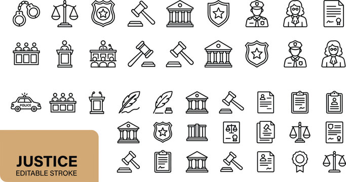 Justice law line icons set legal symbols gavel scales court police document editable stroke vector illustration collection