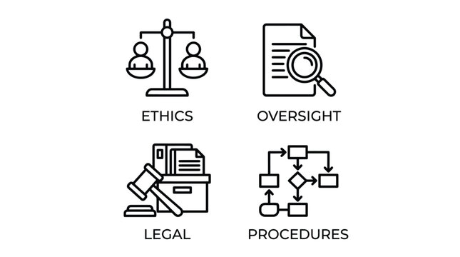 Vector graphic illustration of Set of law and ethics icons with legal procedures Vector