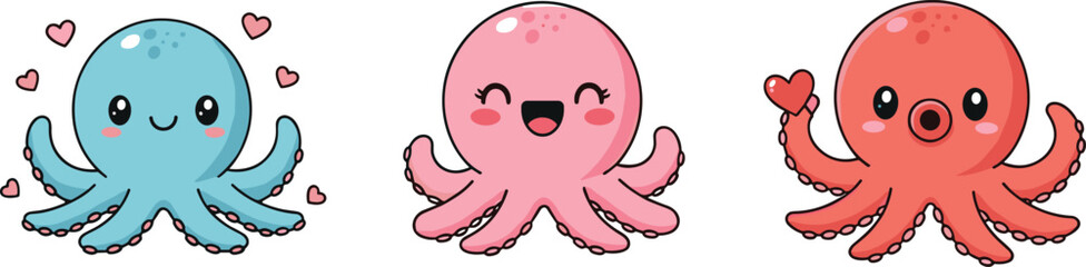 Naklejka premium Set of Cute Cartoon Octopus Characters with Love Hearts Kawaii Sea Animal Illustration for Kids Design Collection Isolated on White Background