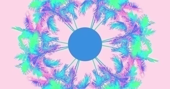 Abstract tropical mandala of pastel palm trees with a central turquoise circle