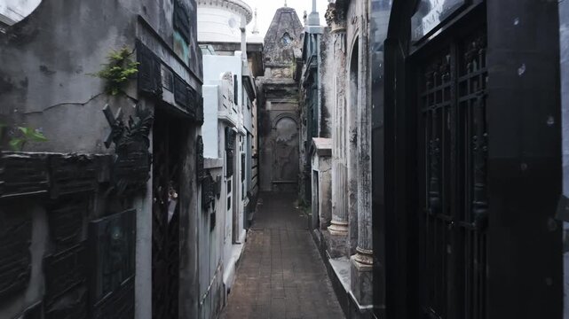 Buenos Aires , Argentina. 15.01.2026 : Narrow hallways of La Recoleta cemetery old stone gravestone buildings 