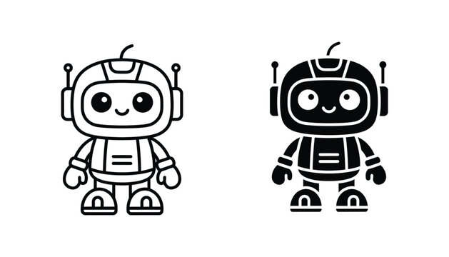 Cute smiling robot character vector icon set in outline and solid styles for technology blogs AI concepts and educational materials for children