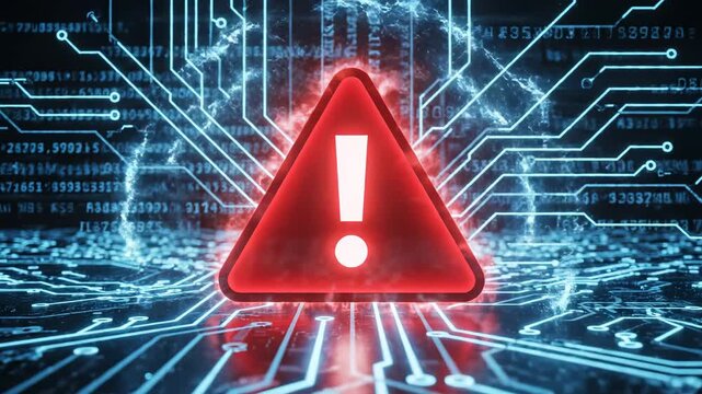Warning symbol on digital circuit board highlighting artificial intelligence and digital evolution