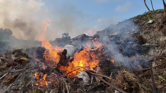 Intense flames and thick smoke rise from burning debris at an uncontrolled landfill site.