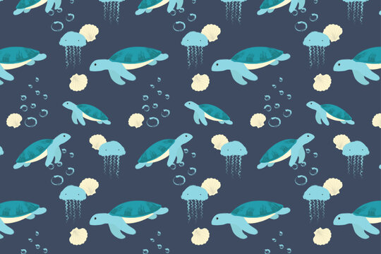 Seamless ocean pattern with cute sea turtles, jellyfish and seashells on a deep blue background. Playful and modern flat vector illustration in soft pastel tones, perfect for kids products, nursery de