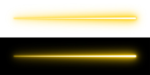 Neon glowing yellow long horizontal light beam flowing with speed. Electric radiant energy light motion with luminous glow effect. Vector illustration. © LionStudio