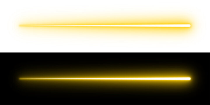 Neon glowing yellow long horizontal light beam flowing with speed. Electric radiant energy light motion with luminous glow effect. Vector illustration.