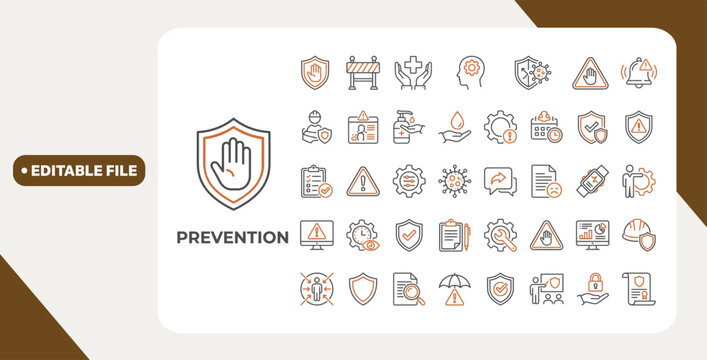 Prevention icon set. Contain icons related to safety, risk, protection, control, awareness, disease, hygiene, and more. Editable stroke. Vector illustration