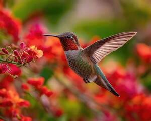 Naklejka premium A dynamic shot of a hummingbird hovering in mid-air, its wings a beautiful blur, as it drinks nectar from a vibrant red flower.
