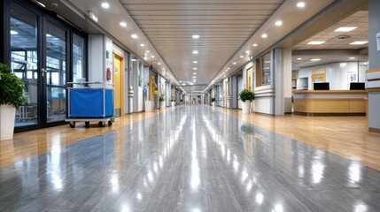 Obraz premium Modern hospital corridor featuring polished gray flooring, bright overhead lighting, and potted plants along the walls, creating a clean and spacious environment