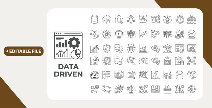 Data Driven icon set. Containing algorithm, big data, analysis, analytics, data mining, machine learning, ai, visualization, database, predictive, and more. Editable stroke. Vector Illustration