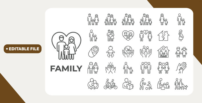 Family line editable icon set. Contain icons related to parenthood, grandparents, children, adoption, and more. Editable stroke. Vector illustration