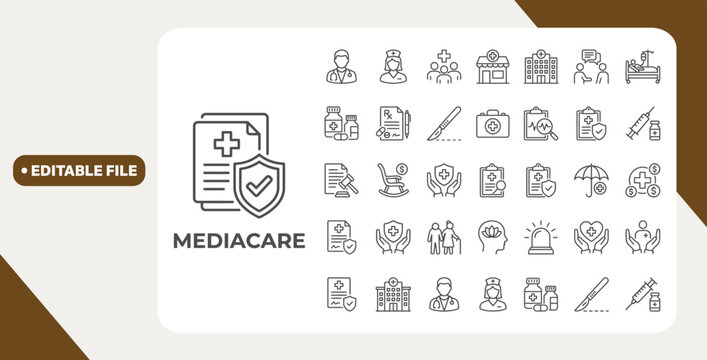 Mediacare icon set. Containing healthcare, insurance, pharmacy, coverage, doctor, nurse, hospital, medical, patients, and more. Outline icons collection. Editable stroke. Vector illustration